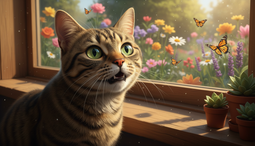 A photorealistic image of a curious tabby cat sitting comfortably on a windowsill, gazing outside with its mouth slightly open as if about to make a sound. The background features a sunny garden with blooming flowers and fluttering butterflies. The cat's expressive eyes convey curiosity and intrigue, highlighting the theme of cat vocalizations. Soft natural light illuminates the scene, casting gentle shadows.