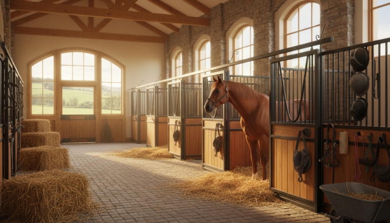 A photorealistic image of an ideal horse stable, featuring spacious stalls with high-quality bedding, well-ventilated design with large windows, lush green pastures outside, and warm, inviting colors. The interior should be clean and organized, showcasing horse care equipment like grooming tools and hay. Include a horse standing peacefully in one of the stalls, emphasizing a safe and comfortable environment.