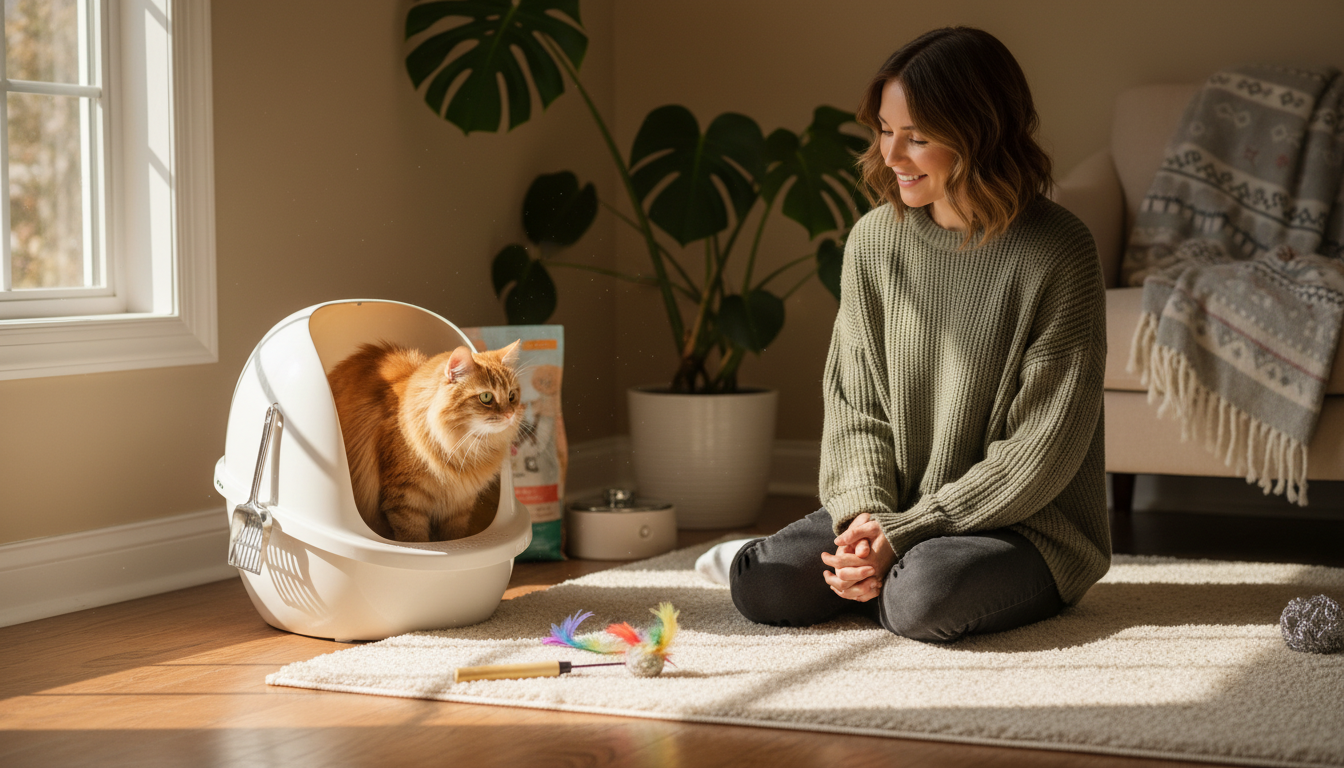 A photorealistic image of a cat using a clean, well-maintained litter box in a cozy, sunlit room. The scene includes a happy owner observing the cat with a pleased expression, and a few toys scattered around. Soft shadows and warm colors create a welcoming atmosphere, emphasizing the bond between pet and owner while highlighting the importance of proper litter box training.