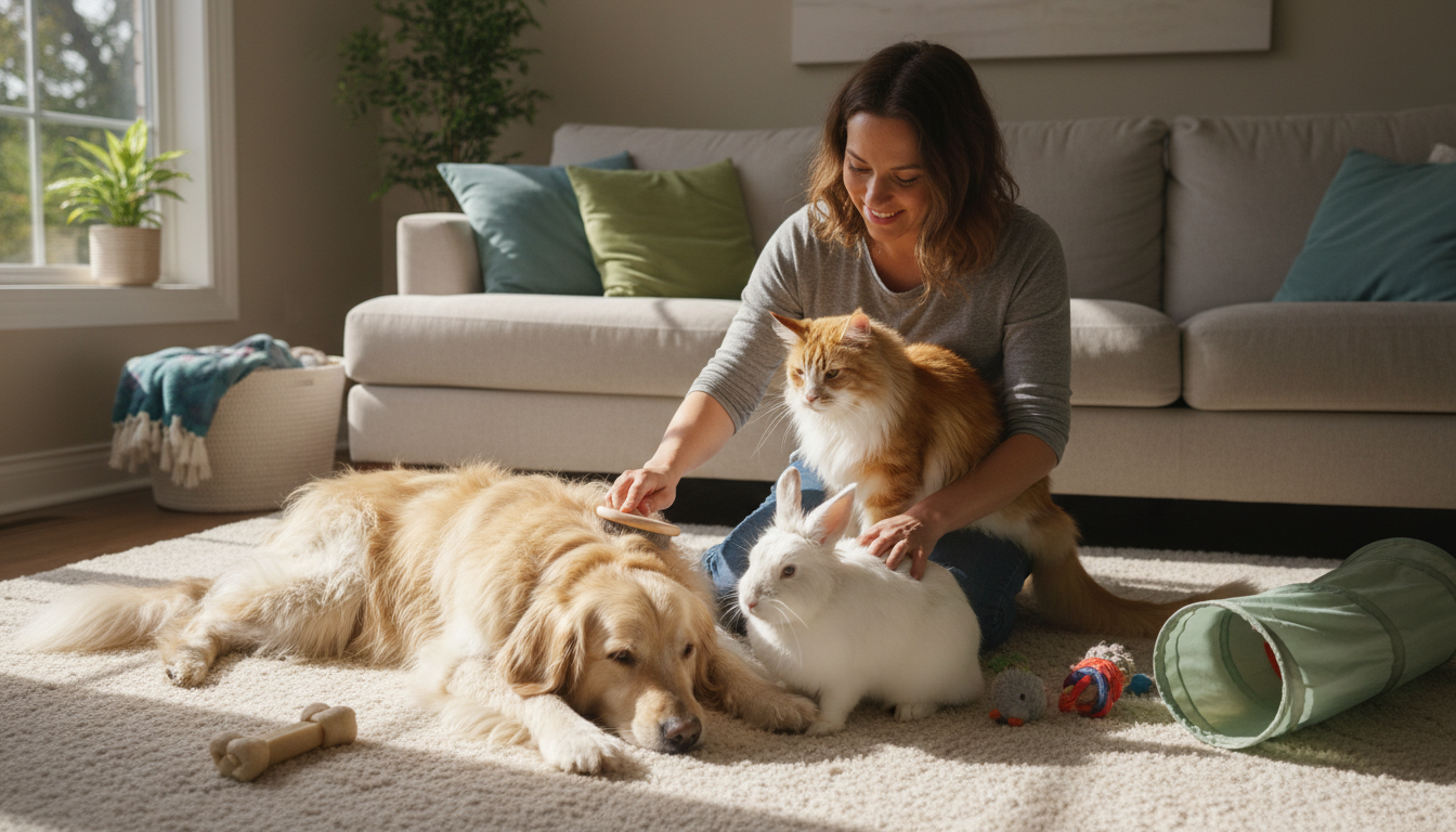 A photorealistic image of a person gently grooming a fluffy dog, rabbit, and cat in a cozy living room setting. The scene should capture the loving interaction between the person and the pets, showcasing their beautiful fur. Sunlight filters through a window, creating a warm and inviting atmosphere, with soft cushions and pet toys scattered around.