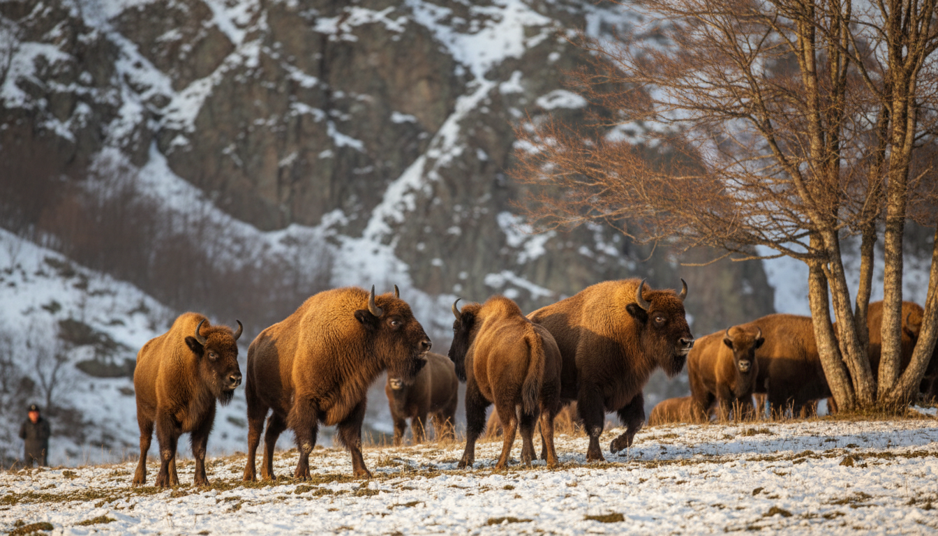 Wisente im Kaukasus, die auf menschliche Geräusche reagieren, indem sie alarmiert in die Herde flüchten oder sich zurückziehen.