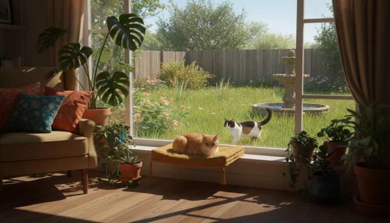 A photorealistic image depicting a cozy apartment setting featuring an indoor cat lounging by a sunlit window, surrounded by potted plants and colorful cushions, while an outdoor scene is visible through the glass showcasing a wide, green garden with a free-roaming cat exploring the yard. The contrast between the comfort of indoor living and the adventurous spirit of outdoor exploration is emphasized.