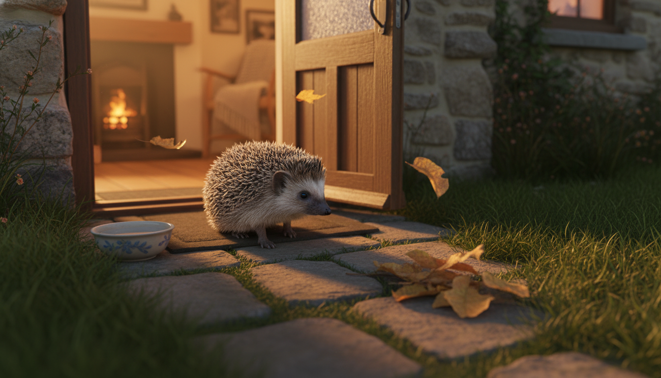A photorealistic image of a small hedgehog sitting at the doorstep of a cozy house, with warm light glowing from inside. The scene is set during twilight, with soft shadows and a gentle breeze rustling the grass. The hedgehog appears curious and slightly cautious, surrounded by a few scattered leaves and a small bowl of water nearby. The door is slightly ajar, hinting at the caring homeowner ready to help.