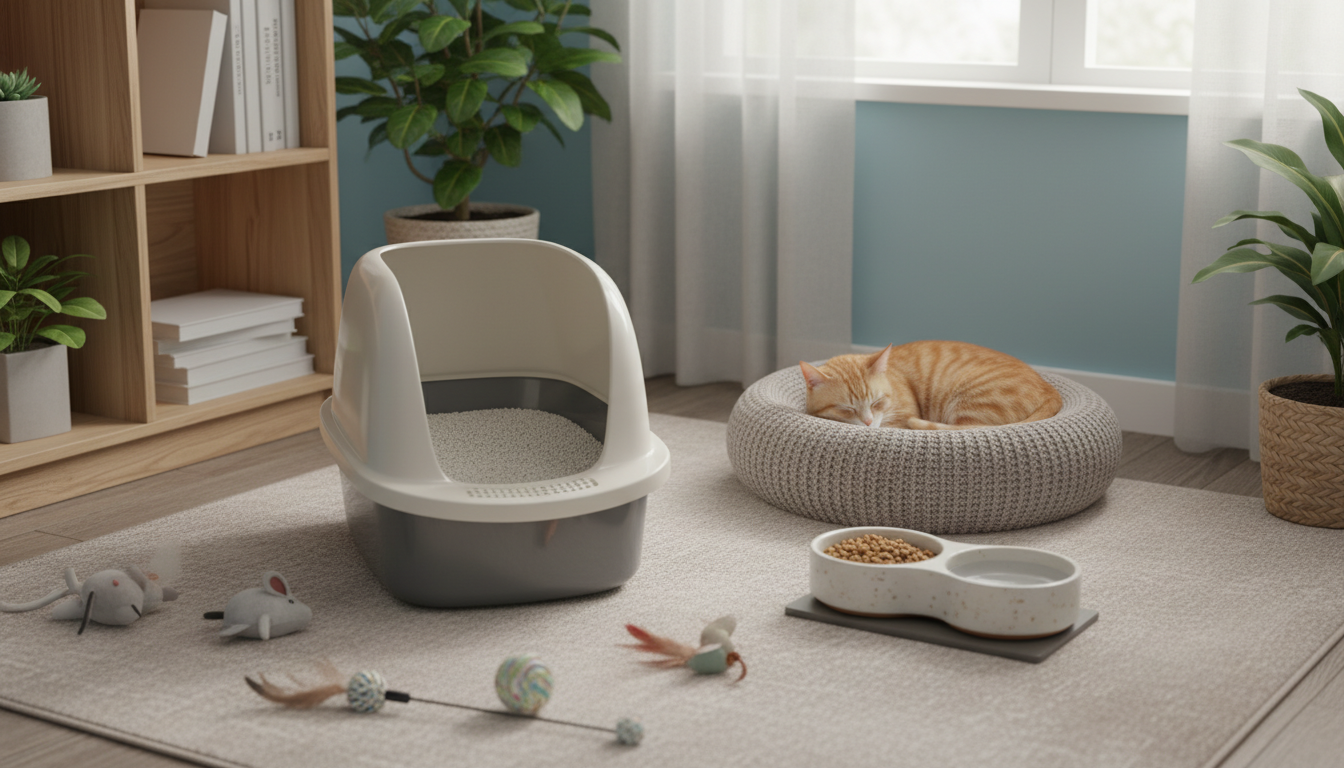Katzentoilette in ruhigem Raum mit frischer Streu und sauberem Klo, umgeben von Spielzeug und Futterstation für optimale Umgebung.