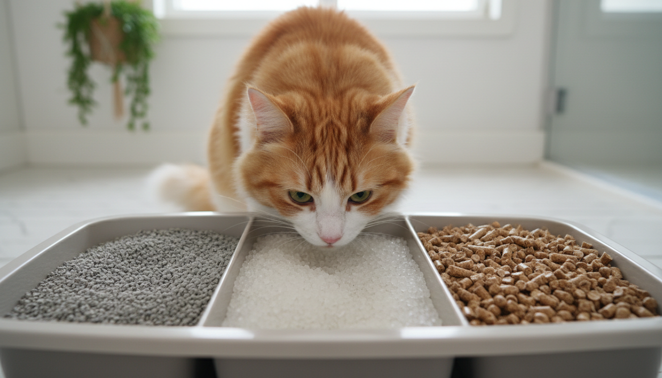 Verschiedene Arten von Katzenstreu, darunter mineralische, Silikat- und pflanzliche Streu, nebeneinander in einer Katzentoilette mit einer Katze, die neugierig schnuppert.