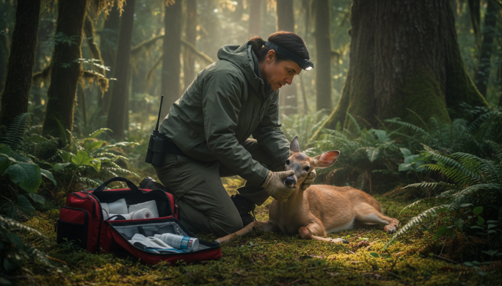 A photorealistic image of a concerned wildlife rescuer kneeling beside an injured wild animal in a lush forest setting. The rescuer, wearing a green jacket and gloves, is gently examining the creature, which is a young deer with a minor leg injury. Sunlight filters through the trees, casting dappled light on the scene. Nearby, a first aid kit is partially open, displaying bandages and medical supplies. The atmosphere conveys a sense of compassion and urgency, highlighting the importance of wildlife care and rehabilitation.