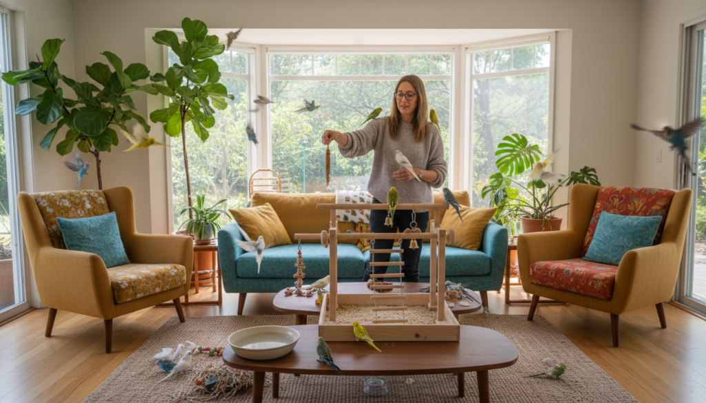 A photorealistic image of a vibrant, spacious living room with colorful budgies flying freely around. The room features large windows letting in natural light, with lush indoor plants and a comfortable seating area. Highlight important safety considerations, such as window screens, bird-friendly furniture, and toys scattered across the room. Include a concerned but caring pet owner observing the scene, showcasing a harmonious interaction between the owner and the budgies.