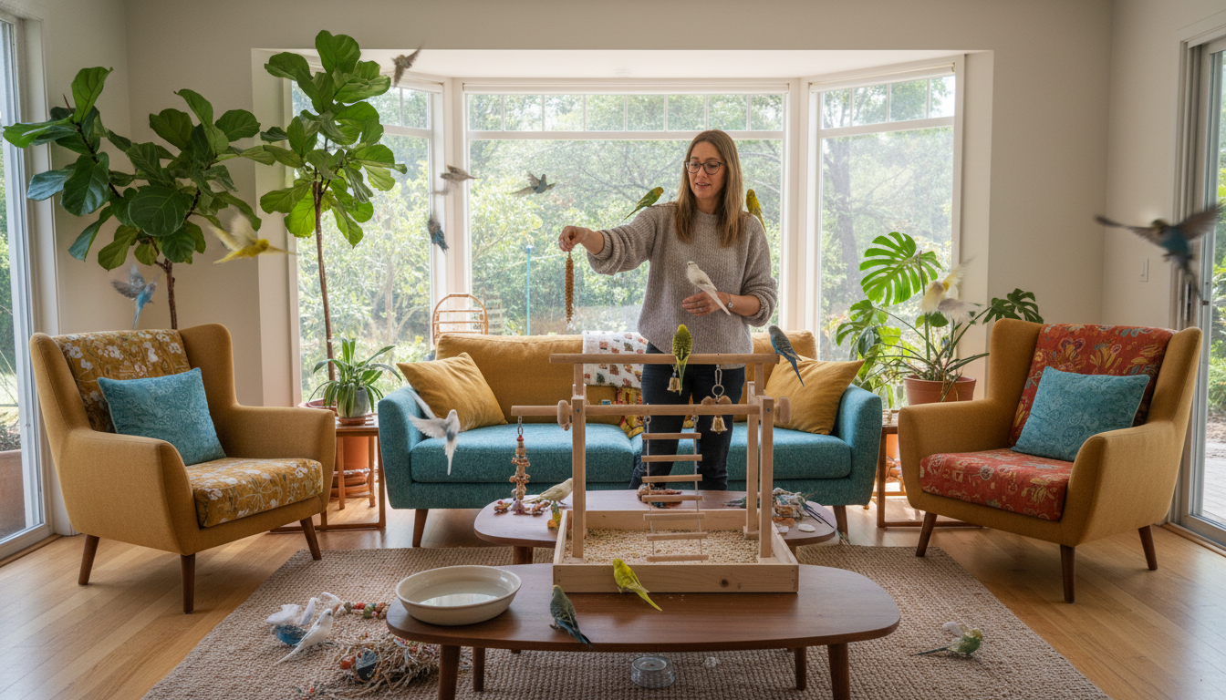 A photorealistic image of a vibrant, spacious living room with colorful budgies flying freely around. The room features large windows letting in natural light, with lush indoor plants and a comfortable seating area. Highlight important safety considerations, such as window screens, bird-friendly furniture, and toys scattered across the room. Include a concerned but caring pet owner observing the scene, showcasing a harmonious interaction between the owner and the budgies.