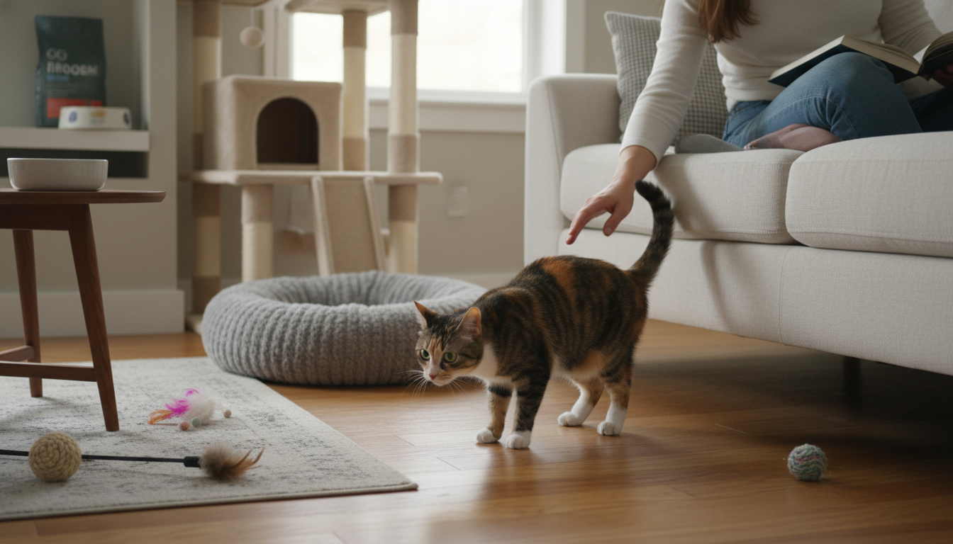Eine Katze erkundet vorsichtig ihr neues Zuhause, während der Halter geduldig zusieht. Im Hintergrund sind Katzenbedarf und ein gemütlicher Schlafplatz sichtbar.