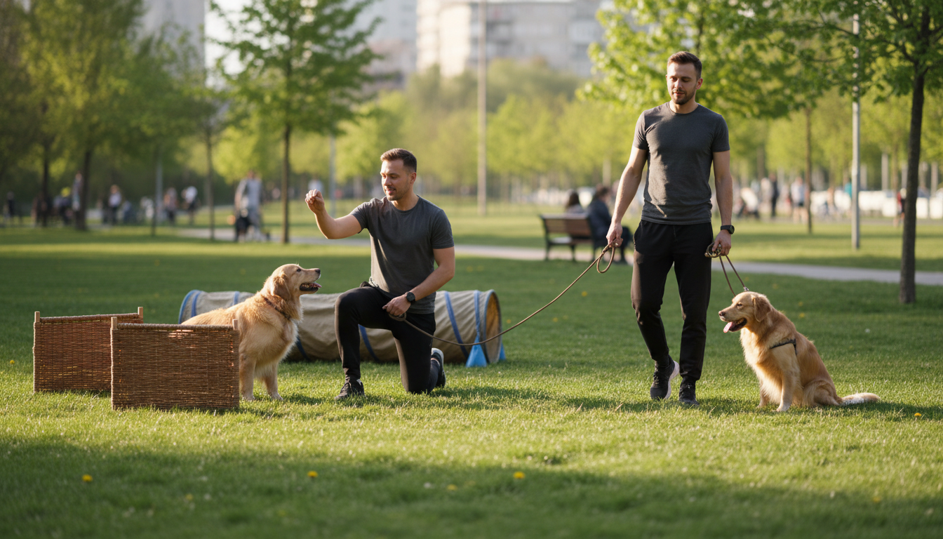 Hund und Halter beim gemeinsamen Training im Park, dabei führen sie Übungen durch, die die Bindung und das Vertrauen zwischen ihnen stärken.