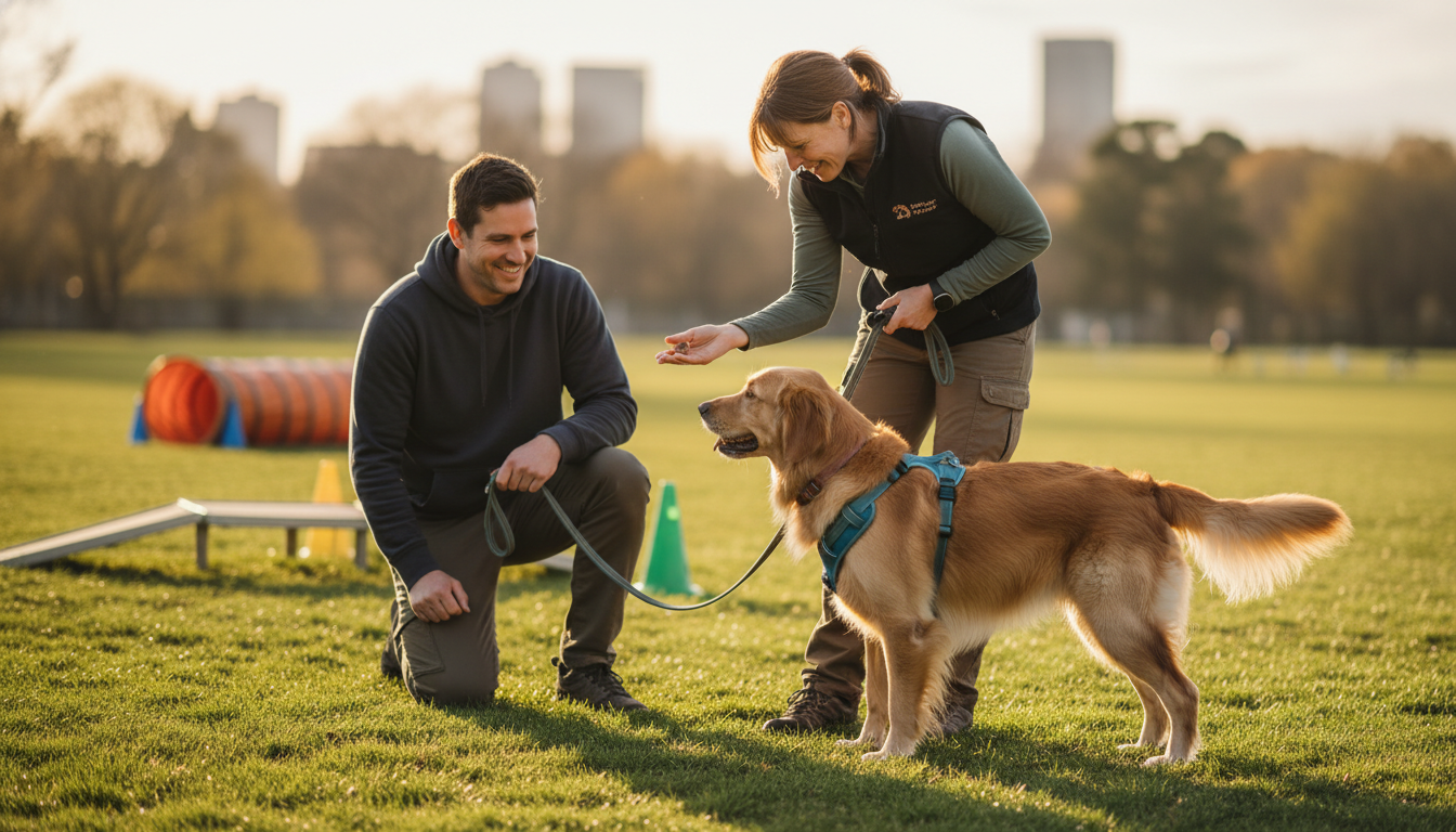Hundetrainer arbeitet mit einem Hund in einem Trainingssession, dabei werden positive Verstärkungsmethoden zur Verbesserung des Verhaltens und der Halter-Hund-Bindung angewendet.