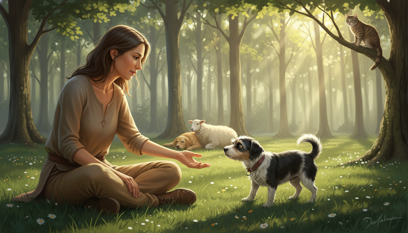 A photorealistic image of a serene, compassionate animal communicator sitting on the grass with a verängstigter dog, surrounded by gently swaying trees and sunlight filtering through leaves. The communicator is gently reaching out to the dog, who appears anxious but is slowly starting to relax, looking into the communicator's eyes. In the background, there are other calm animals, symbolizing comfort and understanding, creating a peaceful atmosphere.