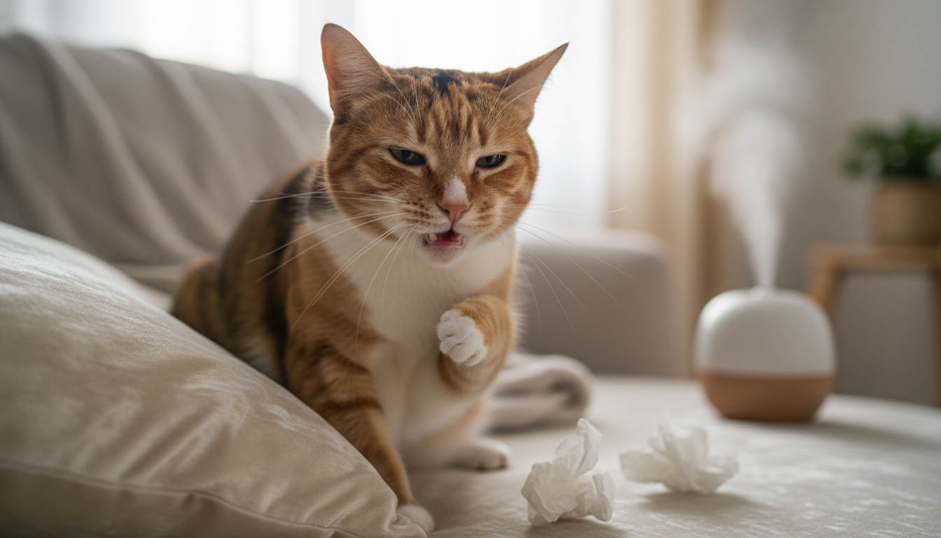 Katze mit Atemwegserkrankung, die niest, hustet und Beschwerden hat, während sie auf einem weichen Kissen sitzt, mit besorgtem Blick.