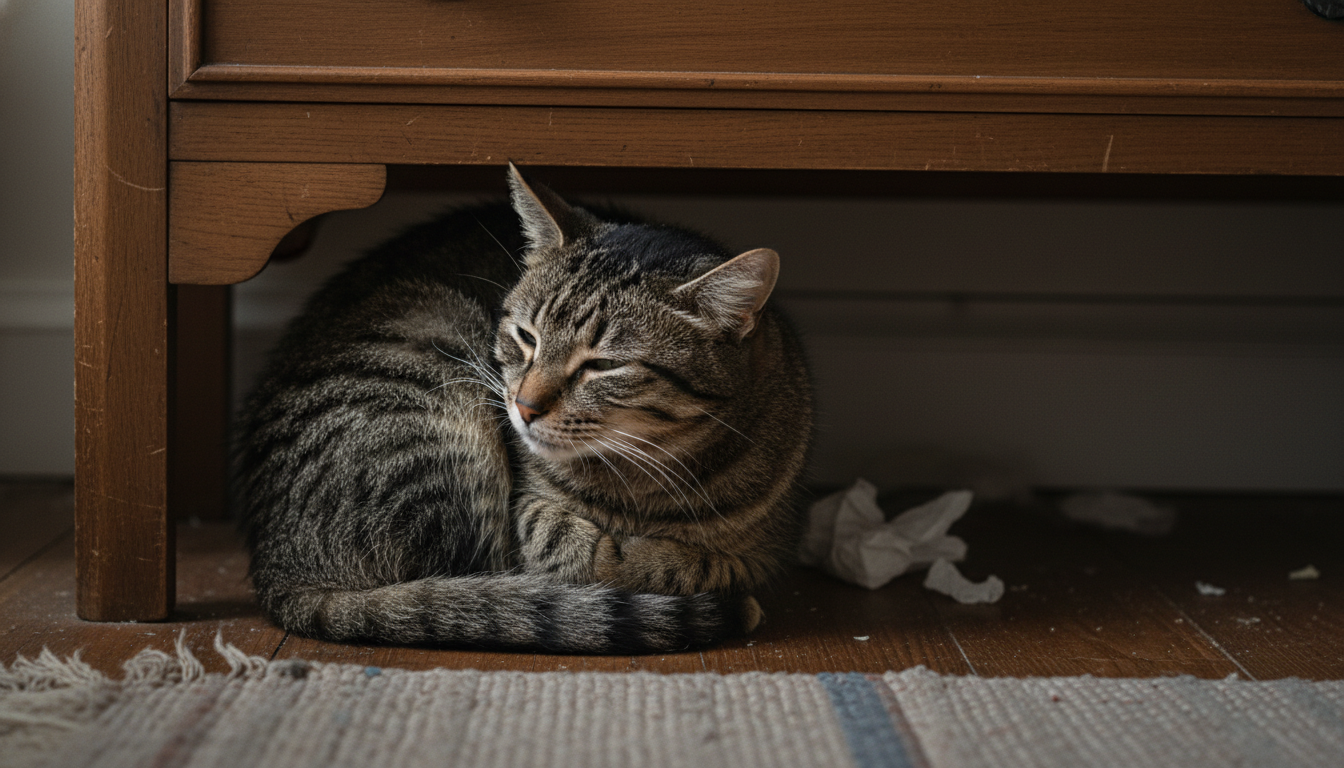 Katze mit angespannter Körperhaltung und struppigem Fell, versteckt unter einem Möbelstück, um Schmerzen oder Unwohlsein anzuzeigen.