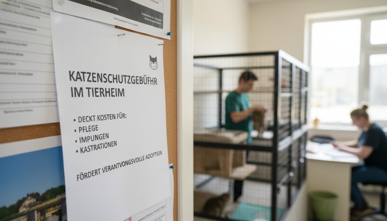 Katzenschutzgebühr im Tierheim, die die Kosten für Pflege, Impfungen und Kastrationen deckt, um verantwortungsvolle Adoption zu fördern.