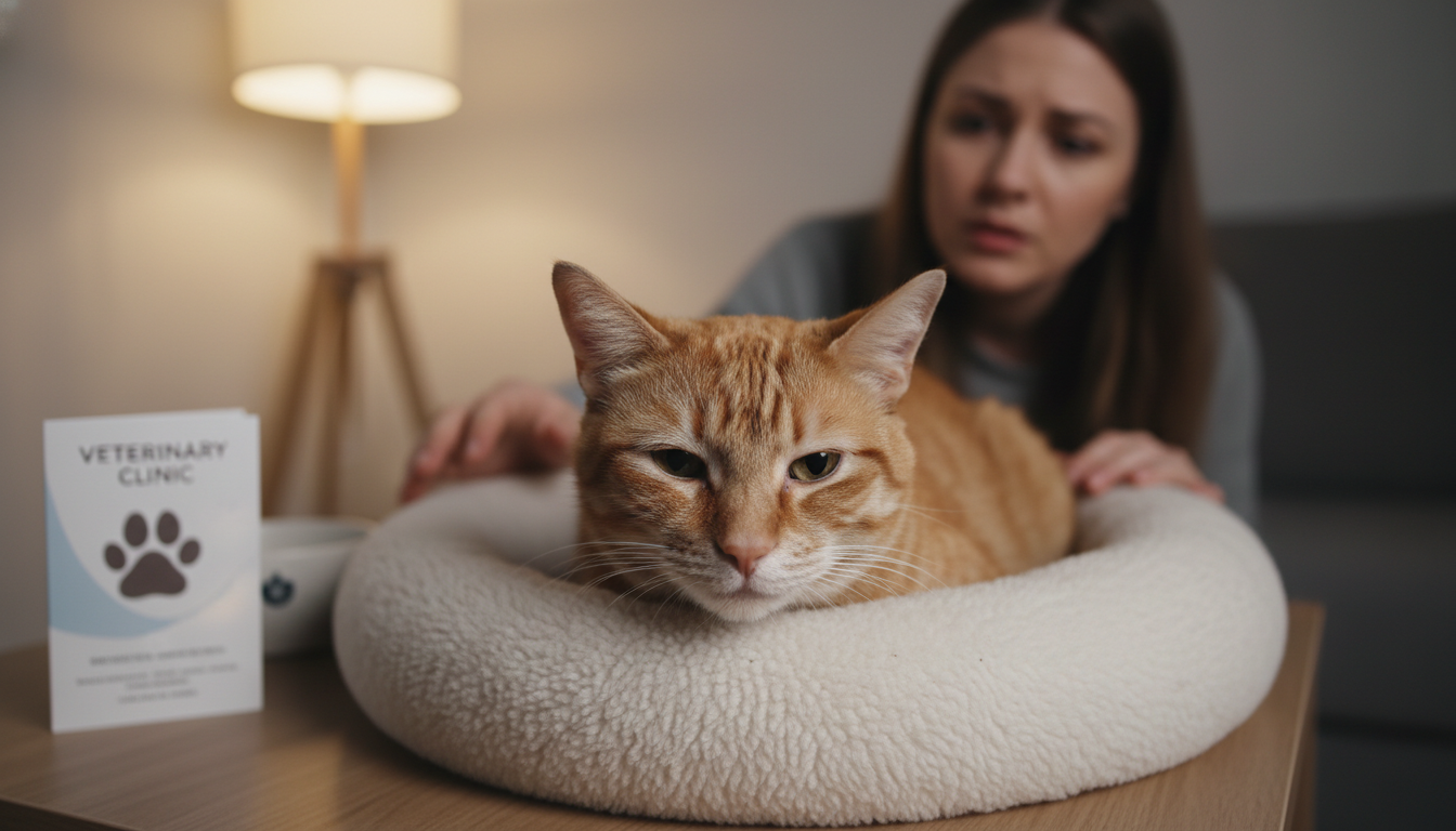 Photorealistic image of a concerned cat nestled in a cozy pet bed, appearing lethargic with dull fur and droopy eyes. The background features a softly lit room with a concerned owner observing the cat, highlighting a veterinary clinic brochure on the table nearby. The overall mood conveys urgency and care, emphasizing the need for a vet visit.