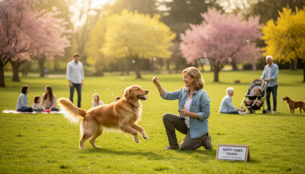 A photorealistic image of a dog trainer working with a playful dog in a vibrant outdoor park setting. The trainer, a middle-aged person with a friendly demeanor, demonstrates positive reinforcement techniques while the dog enthusiastically responds. In the background, there are happy families enjoying the park, showcasing a sense of community and harmony. The atmosphere conveys joy and effective interaction between humans and their pets, emphasizing the benefits of professional dog training for a better living experience.
