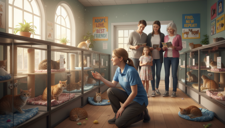 A photorealistic depiction of a busy animal shelter interior, showcasing various cats in cozy enclosures. In the foreground, a caring staff member interacts gently with a curious cat, while potential adopters observe from a distance, looking hopeful and engaged. The walls are decorated with colorful adoption posters, and natural light streams through the windows, creating a warm and inviting atmosphere.