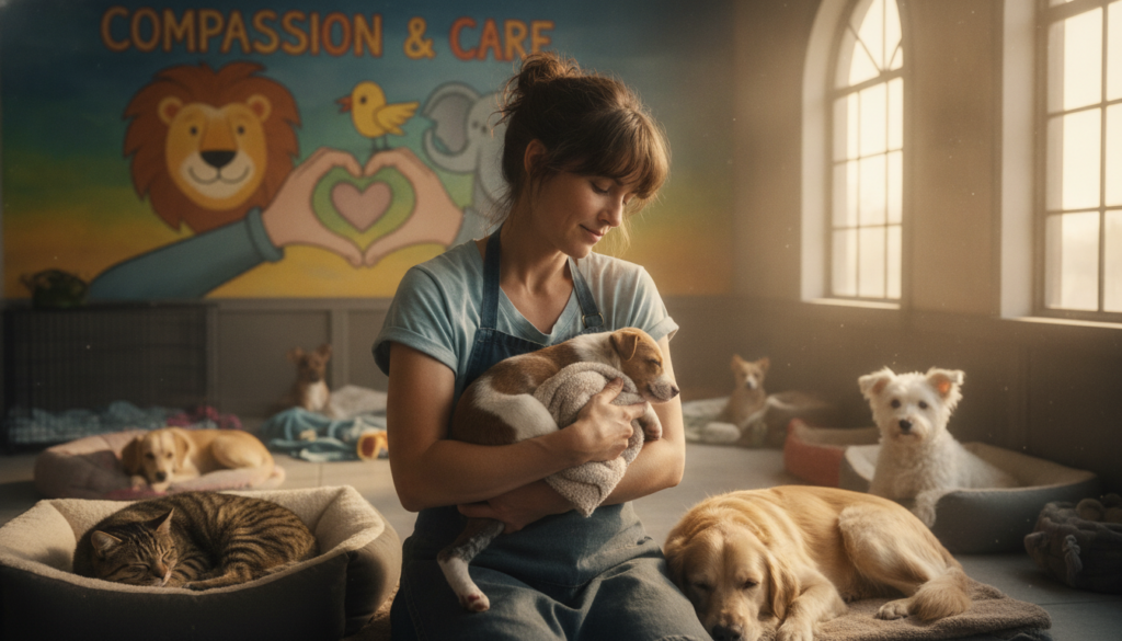 A photorealistic image of a dedicated animal rescuer gently cradling a rescued puppy in their arms, surrounded by various animals in need, such as cats and dogs in a bright, warm shelter environment. The background should showcase a vibrant mural depicting the theme of compassion and care for animals, with soft sunlight streaming through the windows, creating a hopeful atmosphere. The focus should be on the loving bond between humans and animals, highlighting the essence of volunteering in animal protection.