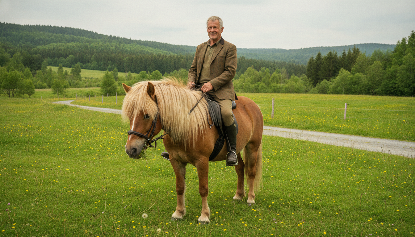 Reiter auf einem gutmütigen Isländer, der in einer grünen Wiese steht, symbolisiert die ideale Partnerschaft zwischen erfahrenem Reiter und Pferd.