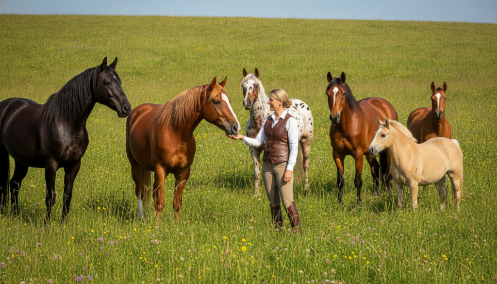 A photorealistic image of a variety of horse breeds displayed in a lush green meadow, each horse showcasing its unique characteristics and colors. In the foreground, a friendly horse is interacting with a person, who is contemplating which breed might suit them best. The background features rolling hills and a bright blue sky, evoking a serene and inviting atmosphere for potential horse owners.