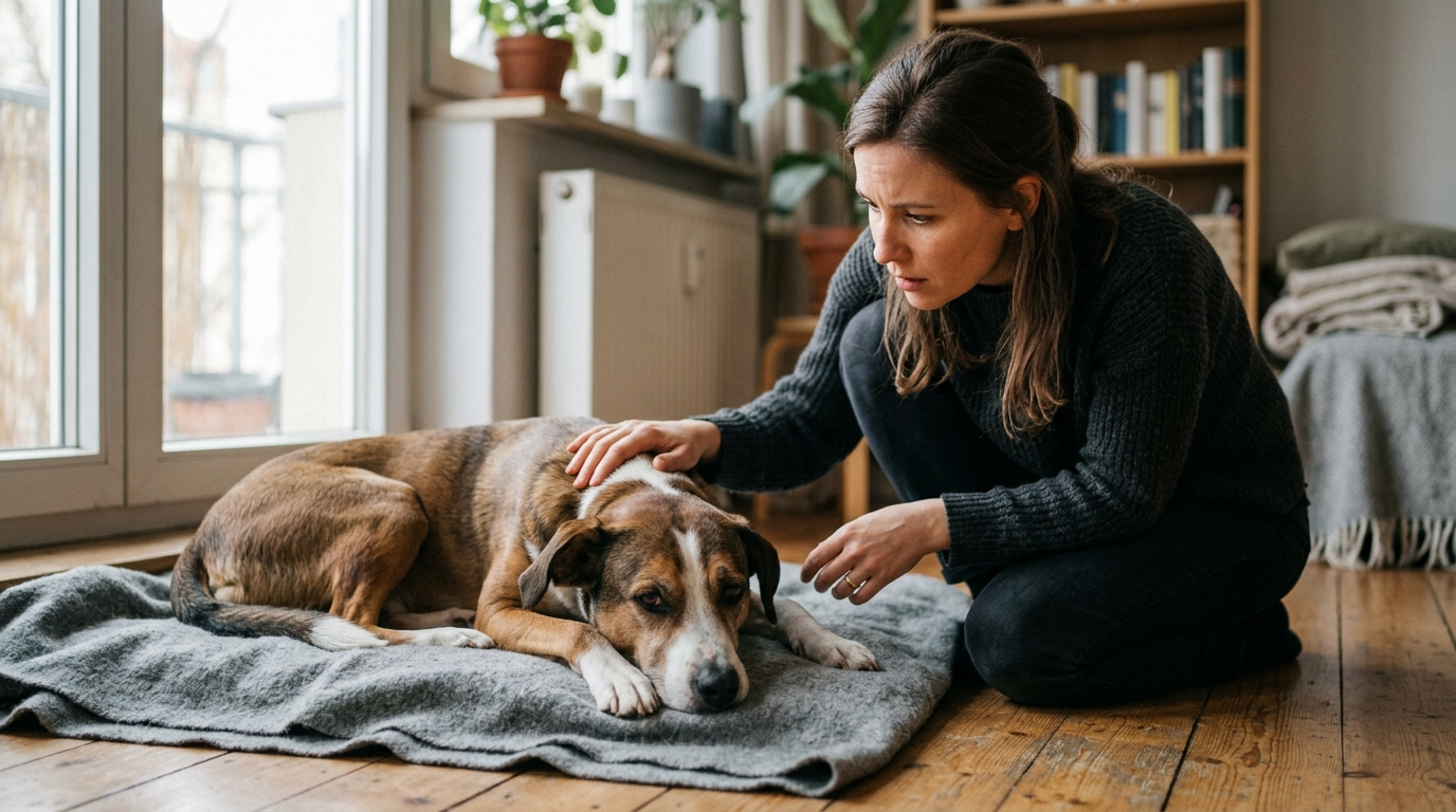 Besorgte Frau kniet im Wohnzimmer neben ihrem braun-weißen Hund, der teilnahmslos mit dem Kopf auf den Pfoten auf einer grauen Decke liegt.
