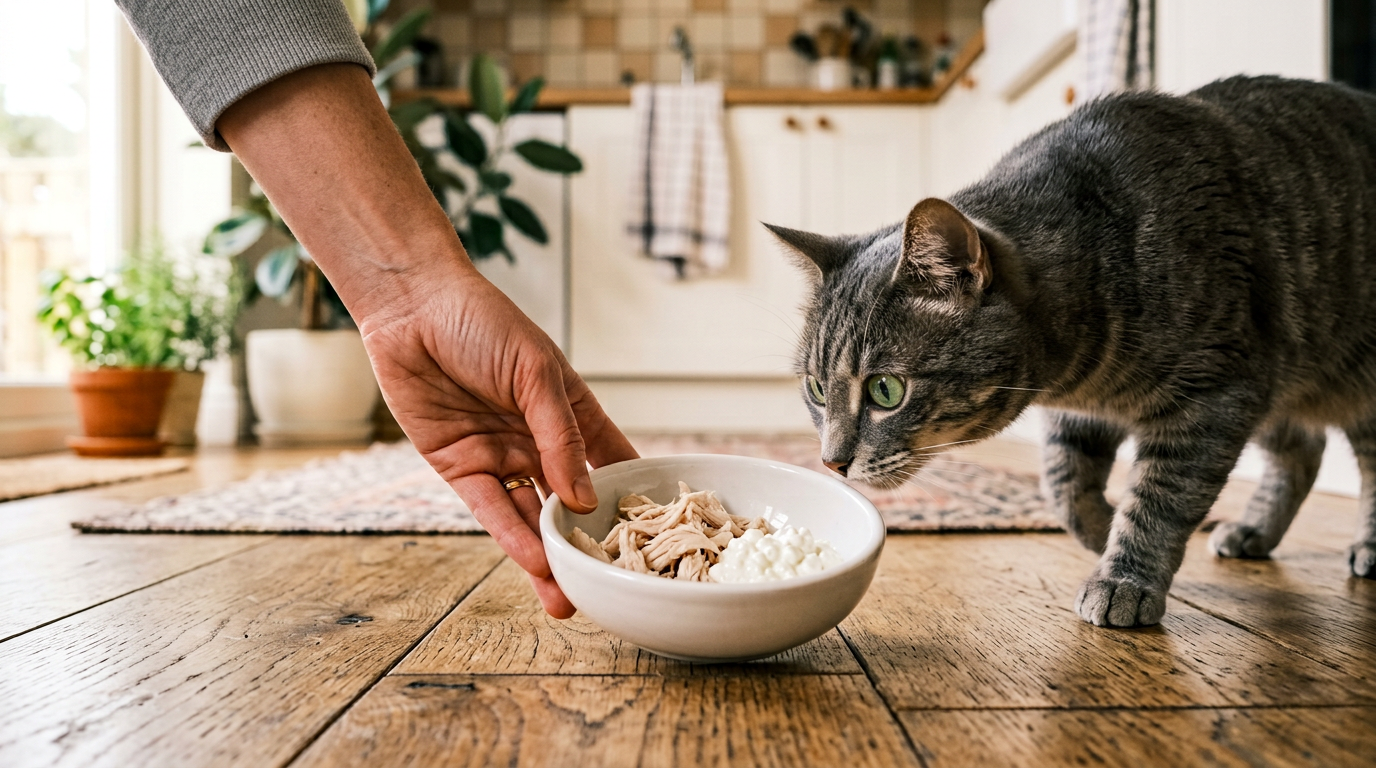 Eine Hand stellt einer grau getigerten Katze eine kleine weiße Schale mit gekochtem Hühnerfleisch und Hüttenkäse auf den Küchenboden.