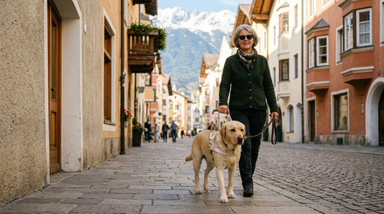 Frau mit Sonnenbrille geht mit ihrem gelben Labrador im weißen Führgeschirr durch eine Altstadtgasse, im Hintergrund schneebedeckte Berge.