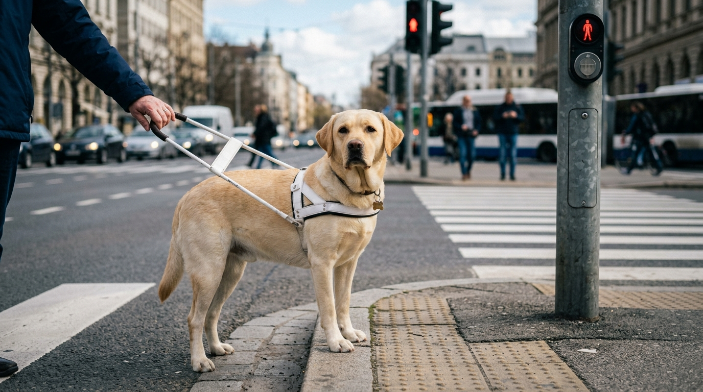 Gelber Labrador im weißen Führgeschirr bleibt an der Bordsteinkante vor einem Zebrastreifen stehen, daneben ein Ampelmast mit rotem Fußgängersignal.