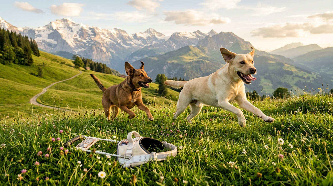 Gelber Labrador ohne Geschirr rennt mit einem braunen Hund über eine blühende Almwiese, im Vordergrund liegt sein weißes Führgeschirr im Gras.