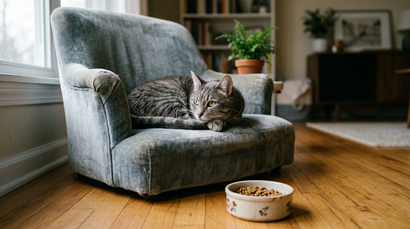 Grau getigerte Katze liegt still mit untergeschlagenen Pfoten auf einem Sessel, davor steht ein halb voller Futternapf unberührt am Boden.