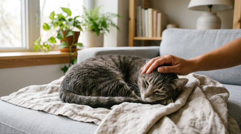 Grau getigerte Katze mit grünen Augen liegt zusammengerollt auf einer hellen Leinendecke, eine Hand streichelt sie sanft am Kopf.