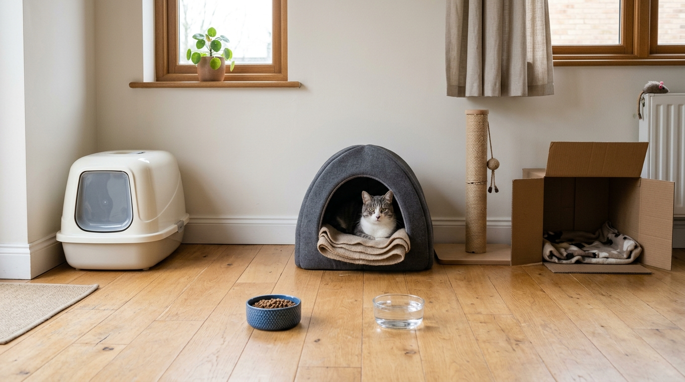 Separat eingerichtetes Zimmer für eine neue Katze mit Katzenklo, getrennten Näpfen, Kuschelhöhle, Kratzbaum und Karton als Versteck.