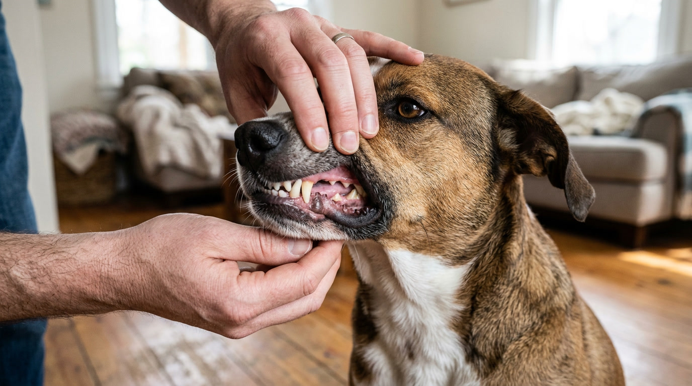 Zwei Hände stülpen die Oberlippe eines braun-weißen Hundes vorsichtig nach oben, um die Farbe der blassrosa Maulschleimhaut zu prüfen.