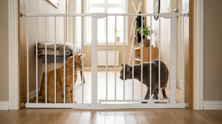 Zwei Katzen begegnen sich vorsichtig durch ein weißes Türschutzgitter im hellen Flur einer Wohnung, beide ruhig und neugierig.