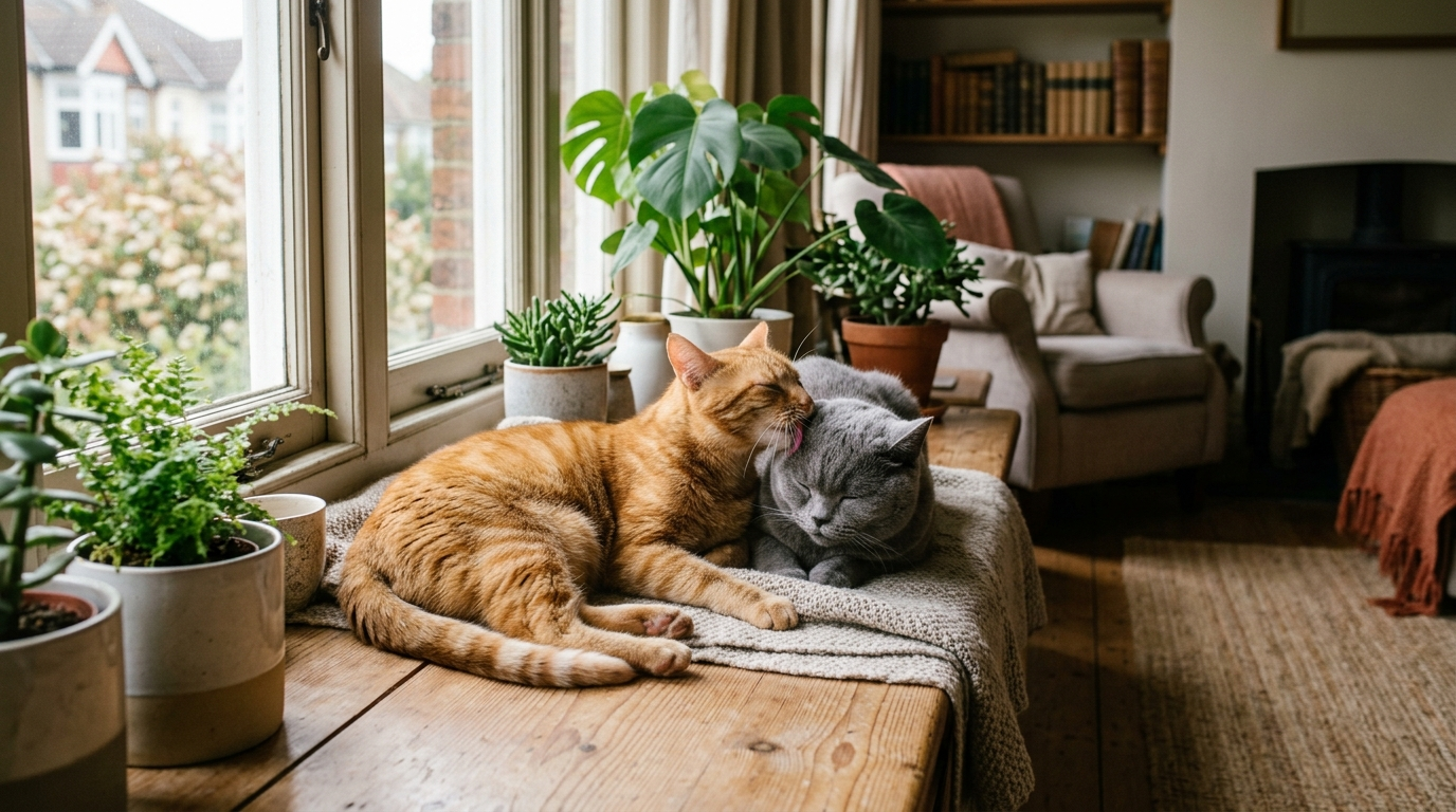Zwei Katzen liegen entspannt nebeneinander auf einer sonnigen Fensterbank, die rote Katze putzt den Kopf der grauen Katze.